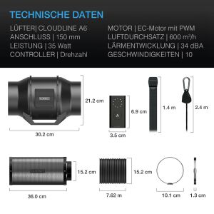 AC Infinity CLOUDLINE LITE S-Serie Abluftset 150 mm - Rohrventilator, Aktivkohlefilter, Schlauch 7,6 m